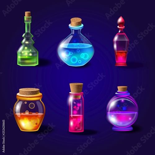 Set of realistic magical bottles with poison. Vector potion bottles set with transparent glass for game interface in fantasy style. Magical liquid potions vector illustration