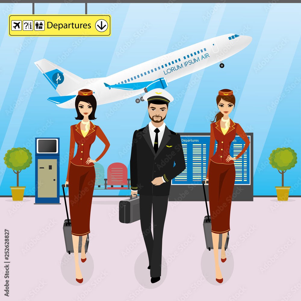 Cabin crew walks on an airport with luggage,pilot and stewardess Cabin crew walks on an airport with luggage,pilot and stewardess