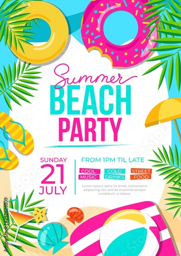 Summer beach party poster. Summer party colorful invitation. Vector summer background