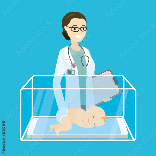 Caucasian female pediatrician doctor little newborn baby,
