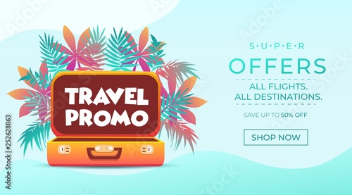 Travel promo banner. Vacation poster design. Travelling and tourism web banner concept. Summer background with Tropical leaves and suitcase. Vector travel illustration