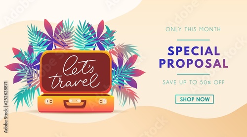 Travel poster template for travel agency, flyer, banner or print. Summer Vacation design template. Tropical illustration with leaves, lettering and suitcase. Vector illustration
