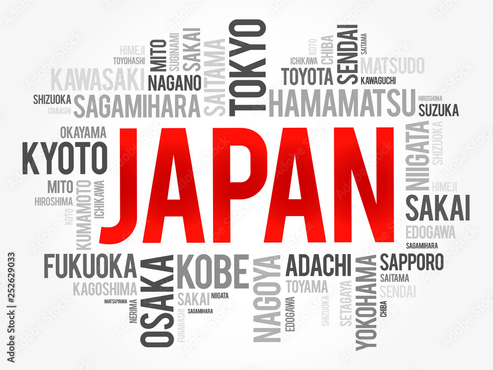List of cities in Japan, word cloud collage, travel concept background
