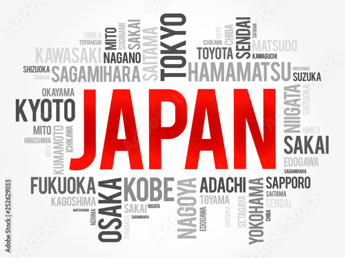 List of cities in Japan, word cloud collage, travel concept background