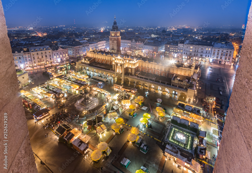 Krakow Poland main square with cloth hall and Christmas fairs aerial view