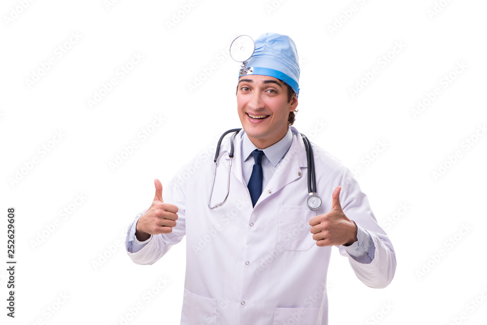 Young handsome doctor otolaryngologist isolated on white Young handsome doctor otolaryngologist isolated on white