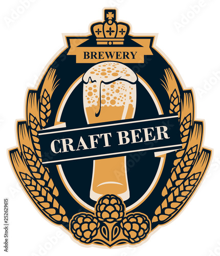 Template beer label with wheat or barley ears, hops and overflowing glass of frothy beer in oval frame. Vector label for craft beer in retro style in form of coat of arms