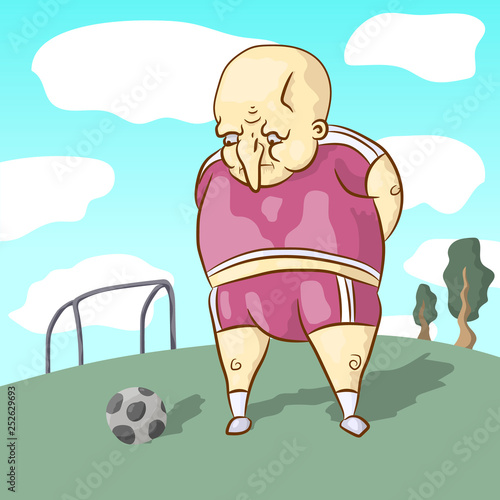Fatty bald lazy football player. Sad football. Heavy Sports