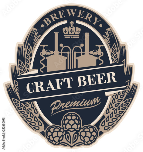 Template beer label with wheat or barley ears, hops, crown and with the image of the brewery in oval frame. Vector label for craft beer in retro style in form of coat of arms