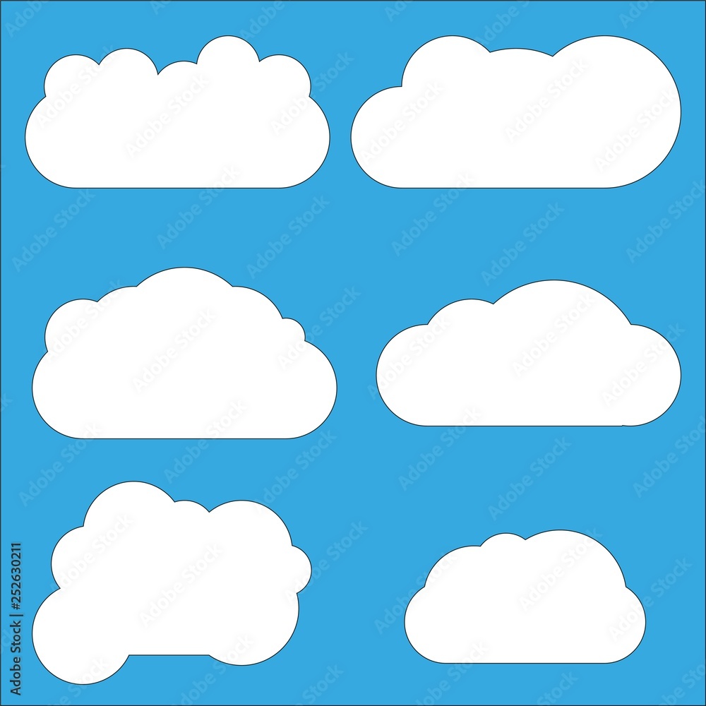 Set of Cloud icons in flat style isolated on blue background. Cloud symbol for your web site design, logo, app, UI.
