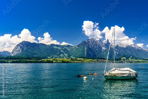 Sailboats in Lake Thun, Thunersee, Bern, Switzerland