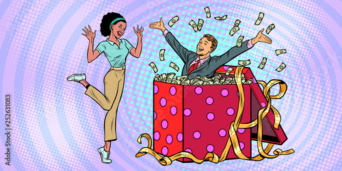 businessman husband lots of money holiday gift box. African woman funny reaction joy