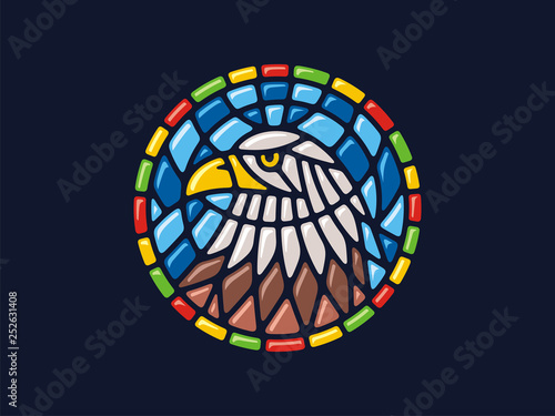 Vector mosaic. Round illustration of an eagle. Can be used for application on Souvenirs, dishes, packaging, as well as for stained glass, panels, textiles, and so on.