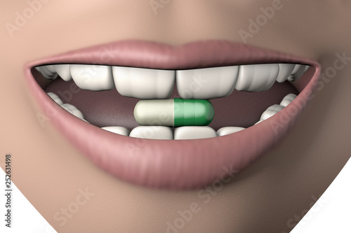3d illustration antidepressant pill in human mouth with strong teeth photo