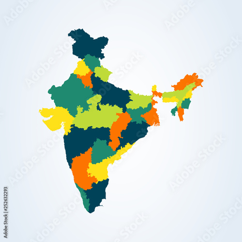 Map of the Republic of India with the states colored vector in bright colors
