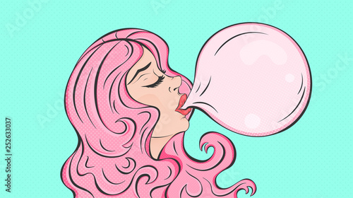 Pop art girl, woman vector. Pop art girl, young woman vector illustration for web sale, ad, poster. Pink-hair pop art girl, woman chewing gum. Pop art girl, woman vintage, retro vector illustration.