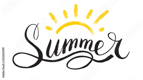 Word Summer in style of calligraphy or doodle. Vector illustration with handwritten text and sun. Hand lettering for poster, card, leaflet. Typography design. Funny design for hipster logo or label