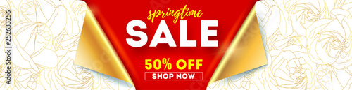 Springtime sale. Get up to 50 percent discount, shop now. Banner with curved golden corners of page. Pattern from golden buds of roses on white wrap paper. Template for festive shopping actions.