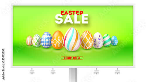 Easter sale get up to 50 percent discount. Billboard for retail shopping actions. Hand painted easter eggs in perspective on green background. Design of text with message about sale, reduce of price