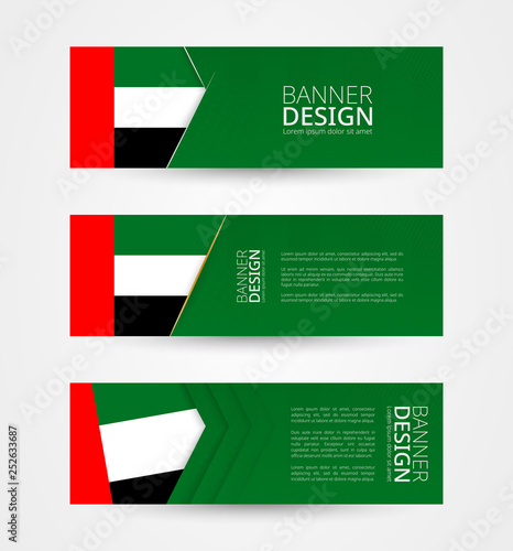 Set of three horizontal banners with flag of United Arab Emirates. Web banner design template in color of UAE flag.