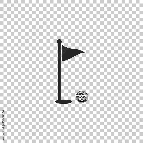 Golf ball and hole with flag icon isolated on transparent background. Golf course. Ball and flagstick in hole. Sport concept. Flat design. Vector Illustration
