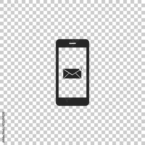 Received message concept. New email notification on the smartphone screen icon isolated on transparent background. New message on the phone. Mail delivery service. Flat design. Vector Illustration