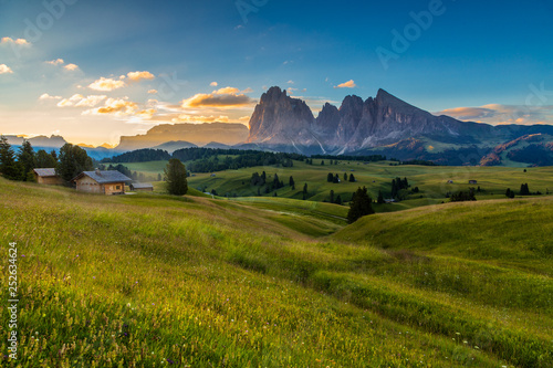 Beautiful sunrise at Alpe di siusi  Seiser Alm  with langkofel mountain in Dolomites  Italy