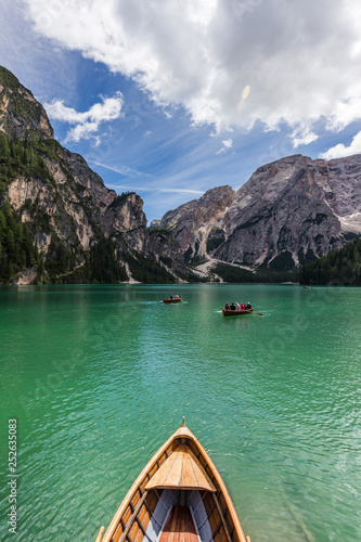 amazing view of turquoise Lago di Braies Lake or Pragser Wildsee in Dolomite mountains , Italy © kanonsky