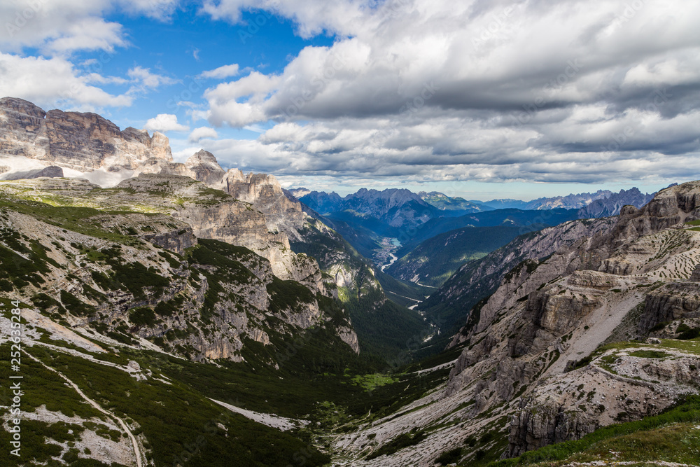 Majestic high mountain view of Dolomites mountain when hiking aroud Tre Cime trail, Italy