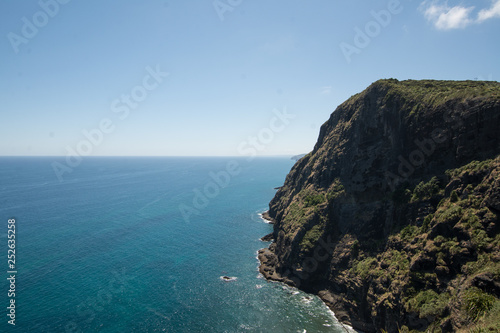 High and mighty cliffs of Mercer Bay at the volcanic east coast of Auckland, New Zealand