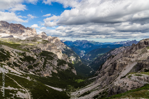 Majestic high mountain view of Dolomites mountain when hiking aroud Tre Cime trail, Italy