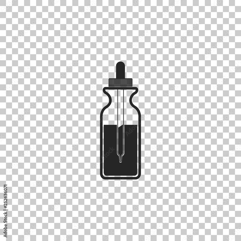 Glass bottle with a pipette. Vial with a pipette inside and closed lid icon isolated on transparent background. Container for medical and cosmetic product. Flat design. Vector Illustration Glass bottle with a pipette. Vial with a pipette inside and closed lid icon isolated on transparent background. Container for medical and cosmetic product. Flat design. Vector Illustration