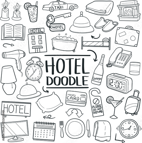 Hotel Motel Appartment Traditional Doodle Icons Sketch Hand Made Design Vector
