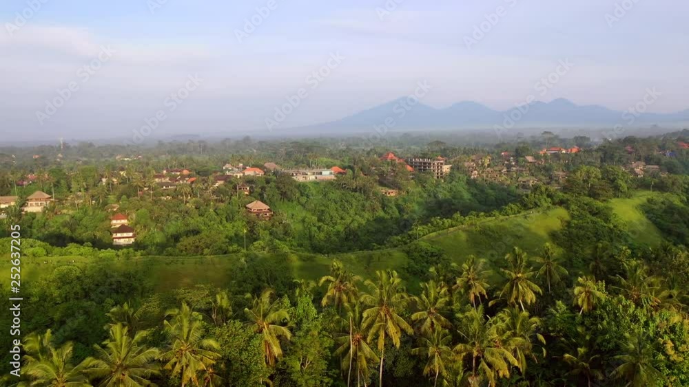 Campuhan Ridge Walk in Ubud, Bali. View from above. 4k aerial drone footage.