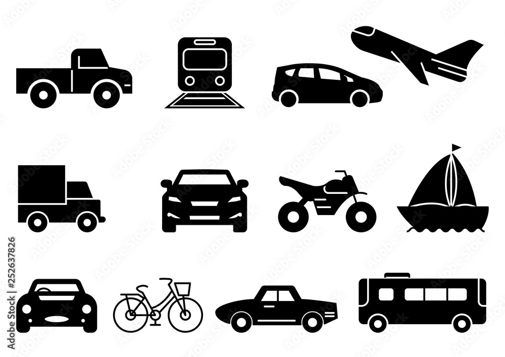 solid icons set, transportation, Airplane, Car, Truck, Bus, Train, Bicycle,Car front,Motorcycle,Pickup truck,Boat,vector illustrations
