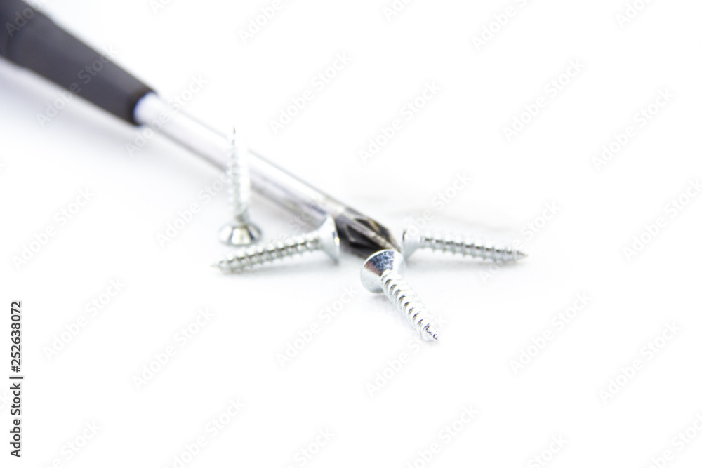 four screws next to the Phillips screwdriver on white background