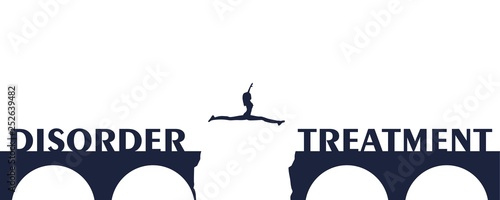 Attractive young woman jumping over a gap in the bridge. From disorder to treatment medicine concept