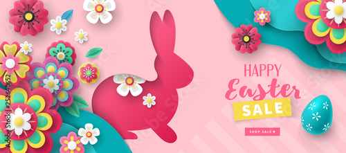 Easter holiday sale banner design with paper cut flowers , bunny and easter eggs background.