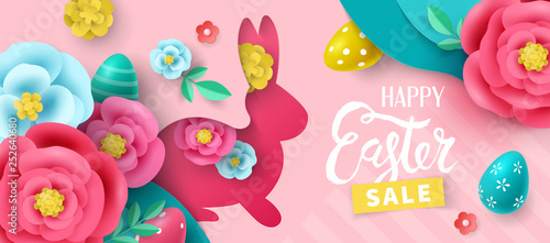 Easter holiday sale banner design with paper cut flowers , bunny and easter eggs background.