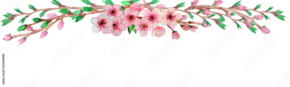 Template for a banner, framed by sakura branches with green castings and pink flowers. Watercolor template for the design of invitations, cards, decoration.