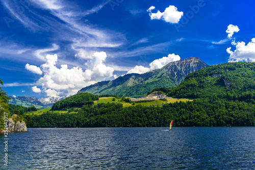 Windsurfers in the lake, Alpnachstadt, Alpnach, Obwalden, Switzerland