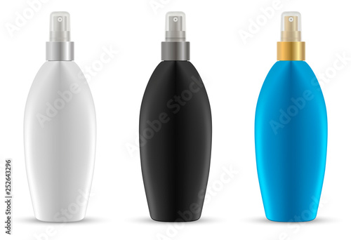 Dispenser Spray Bottle. Sunscreen Protection Container. Aerosol Packaging for Cosmetic Water, Protection Oil, Collagen Liquid. Realistic 3d Tube isolated on White.