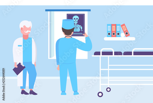 doctor and surgeon examining x-ray hospital workers looking patient radiography male cartoon characters full length clinic interior medicine and healthcare concept horizontal