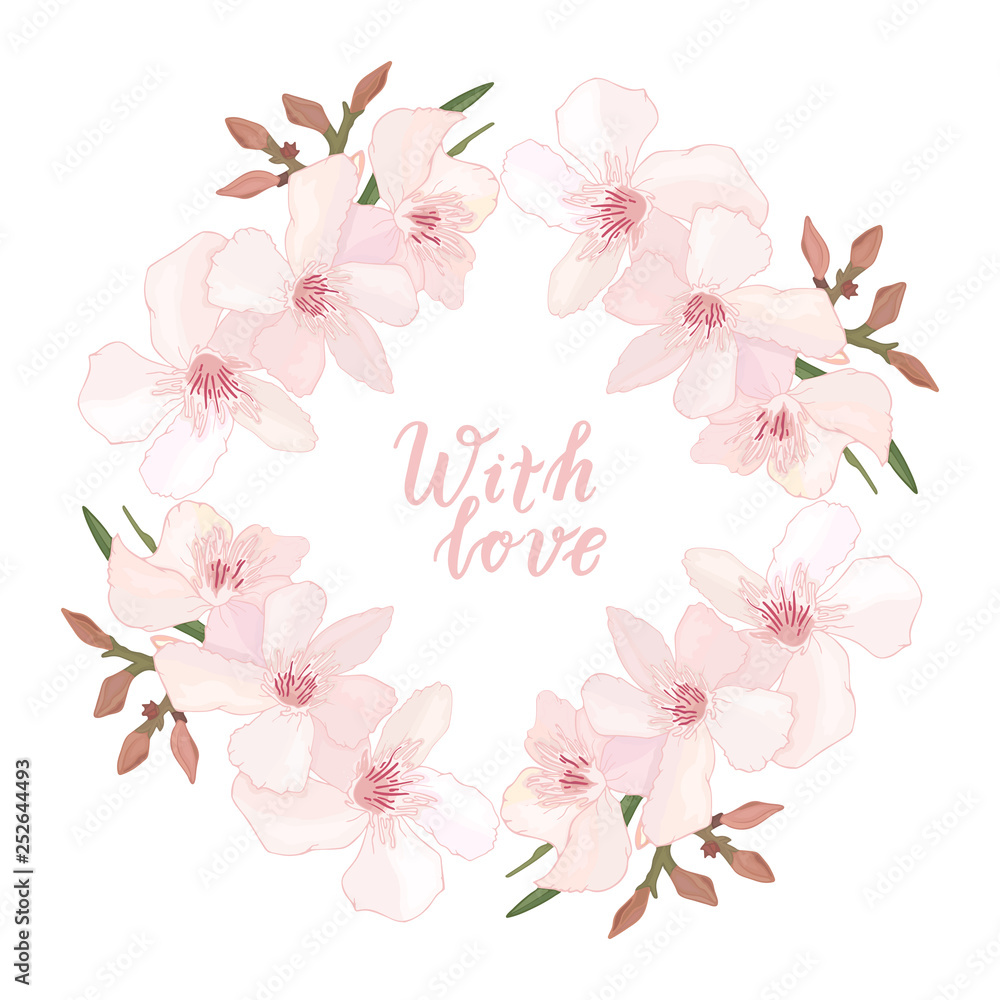 Card with tropical flowers. Elegant floral wreath with delicate pink blooming flowers oleander on white background with hand drawn phrase with love. Calligrathy handwritten text. Card with tropical flowers. Elegant floral wreath with delicate pink blooming flowers oleander on white background with hand drawn phrase with love. Calligrathy handwritten text.