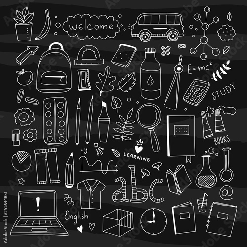 School outline vector icons on blackboard. Hand drawn school and college illustrations for pupils and students