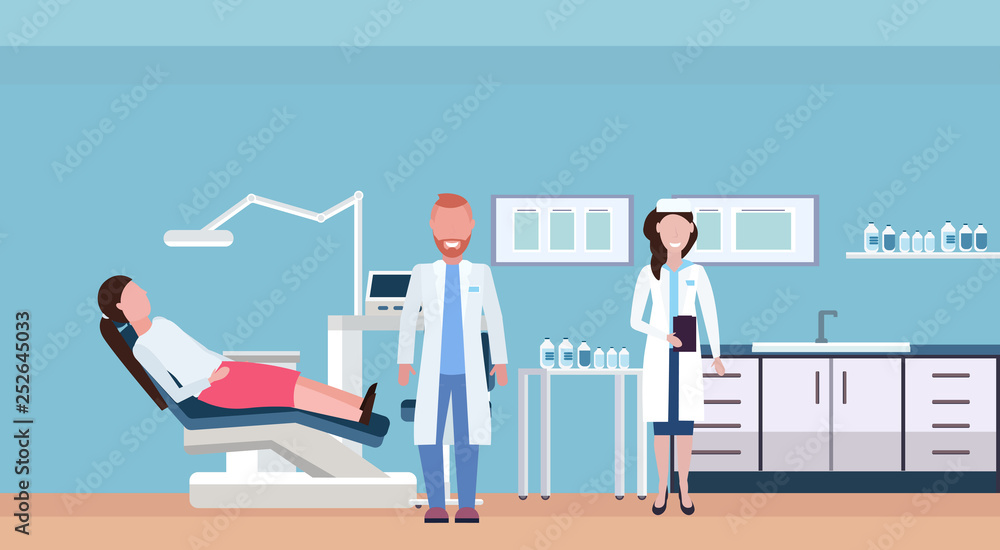couple dentists examining woman patient lying in dentistry chair professional dental office modern clinic interior male female characters full length flat horizontal