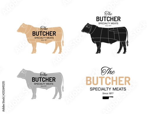  Beef cow butcher meat shop logotype or sign. Calf bull Angus isolated on white background. Cattle logo. Butchery sign. Farm symbol. Poultry. Black and white emblem, symbol, silhouette. Stamp. Vector 