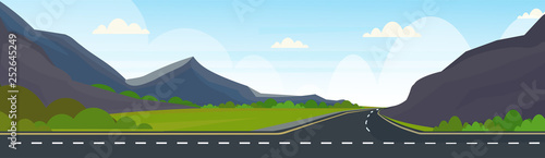 asphalt highway road and beautiful mountains natural landscape background horizontal banner flat
