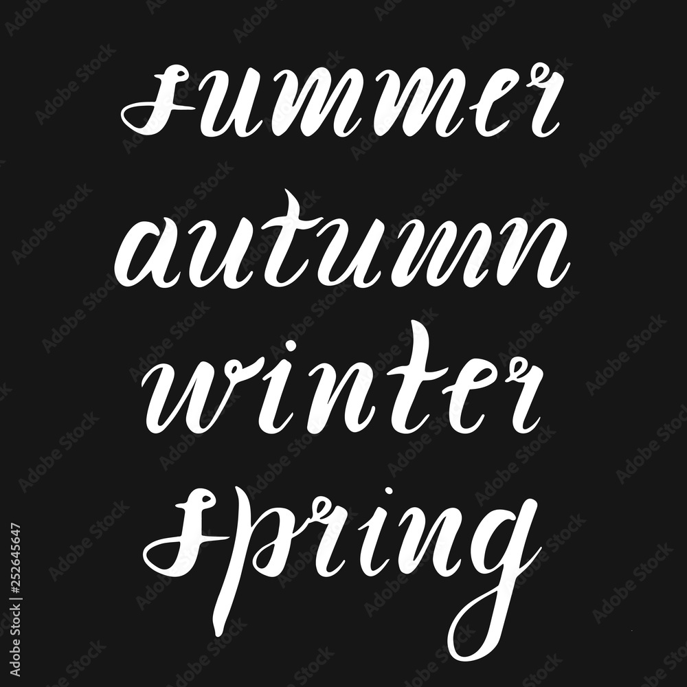 Obraz Napis pór roku. Lato, wiosna, zima, jesień ręka pisze słowa na czarnym tle. Czarny i biały. Fraza kaligraficzna.