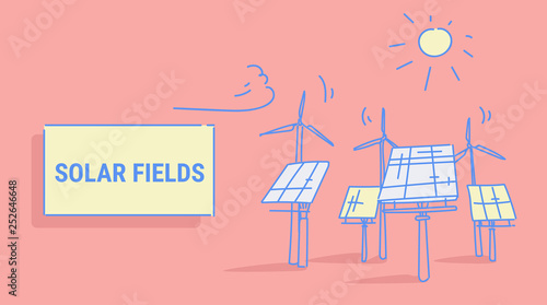 wind turbine solar energy panel fields renewable station alternative electricity source concept photovoltaic district sketch horizontal